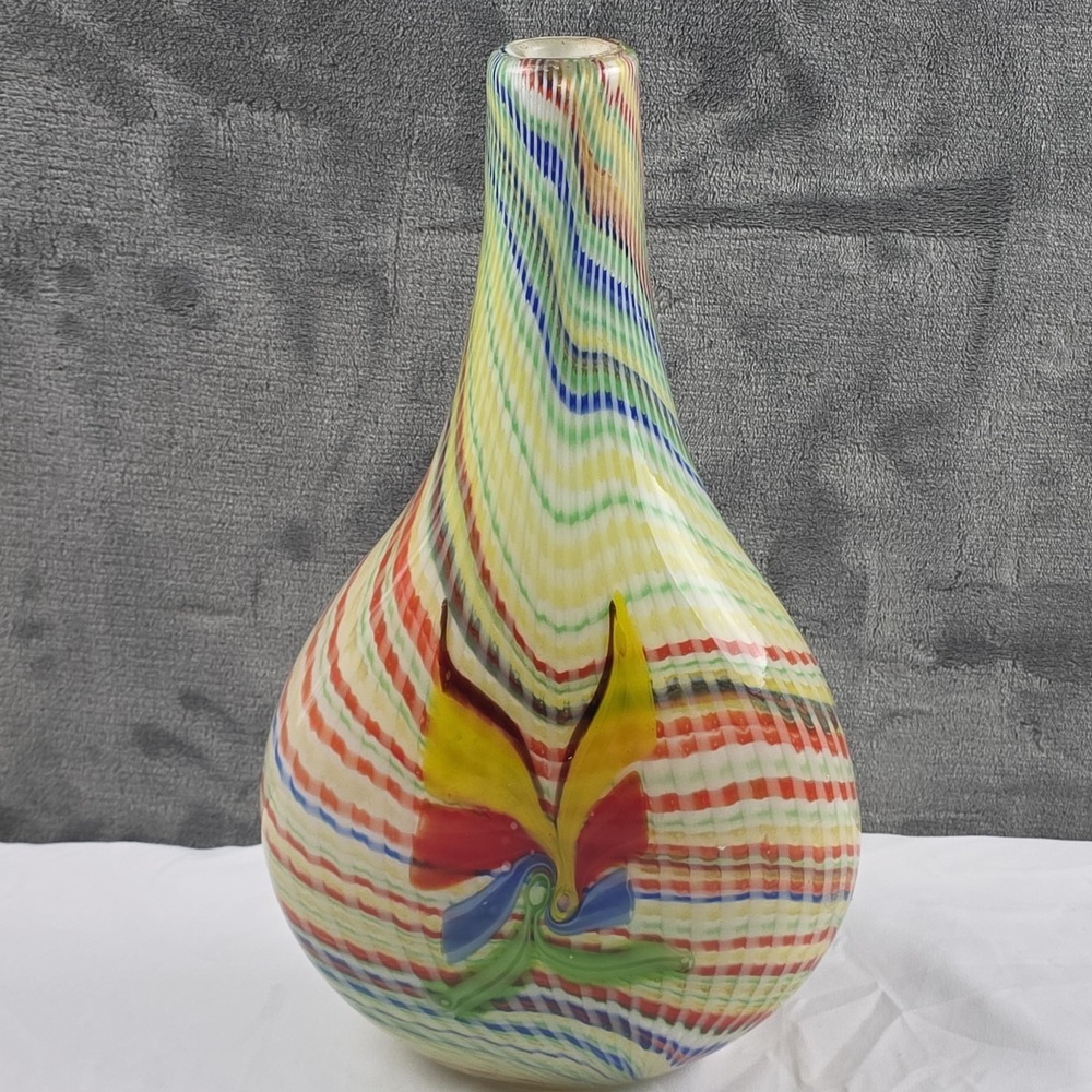 Vintage Murano Style Mid Century Vase Bright Color Lg Swirled Hand blown Glass - Picture 9 of 9